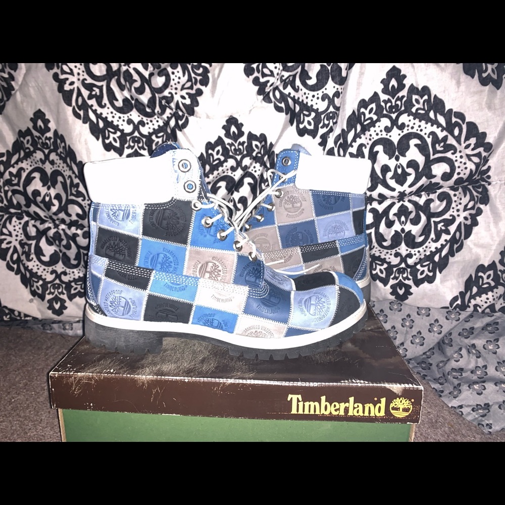 6 inch blue patchwork timbs